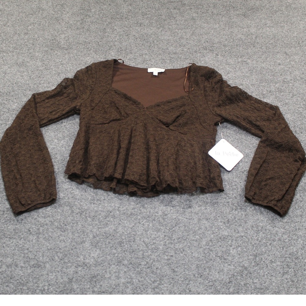 La‎ Peche Brown Lace Peplum V Neck Long Sleeve Top XL NWT
